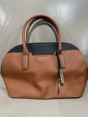 Calvin Klein Brown and Black Dome Satchel with Gold Accents
